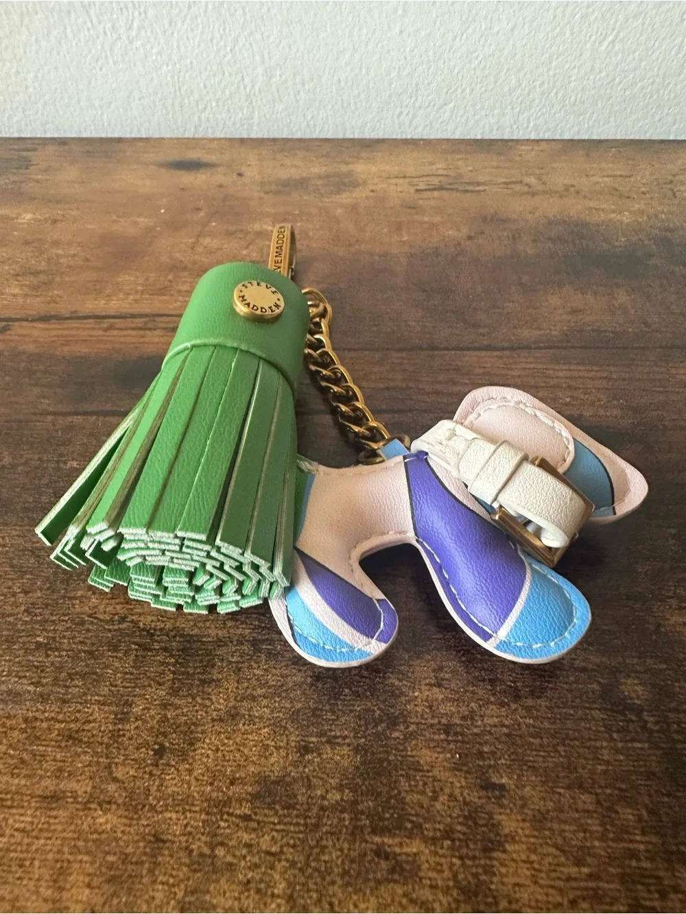 Steve Madden Blue White Multi Color Dog & Green Tassel Keychain Bag Charm NWOT